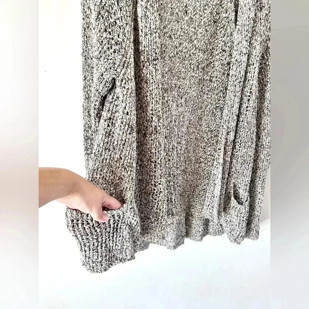 Eileen Fisher Grey & White Open Knit Drape Front Long Line Cotton Cardigan Large